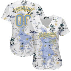 Baseball Authentic Light und Custom Blau-Gelb 3D Weiß Jersey Muster Strand Design Hawaii Bäume Insel Palm
