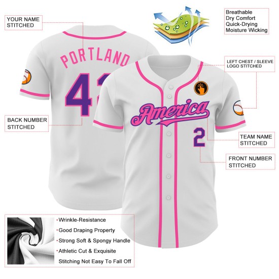 Lila-Pink Jersey Authentic Weiß Baseball Custom Lila-Pink Jersey Authentic Weiß Baseball Custom