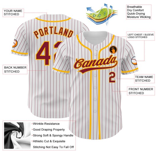 Authentisches Baseball-Trikot, karminrot/weiß, individuelle Nadelstreifen, karminrot-gold Authentisches Baseball-Trikot, karminrot/weiß, individuelle Nadelstreifen, karminrot-gold