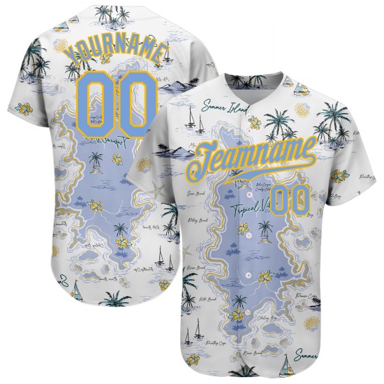 Baseball Authentic Light und Custom Blau-Gelb 3D Weiß Jersey Muster Strand Design Hawaii Bäume Insel Palm