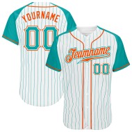 Benutzerdefinierte weiß Aqua Nadelstreifen Aqua-Orange authentische Raglan Ärmel Baseball Jersey
