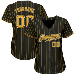 Benutzerdefiniertes authentisches Baseballtrikot mit schwarzen und goldenen Nadelstreifen in Gold-Weiß Benutzerdefiniertes authentisches Baseballtrikot mit schwarzen und goldenen Nadelstreifen in Gold-Weiß
