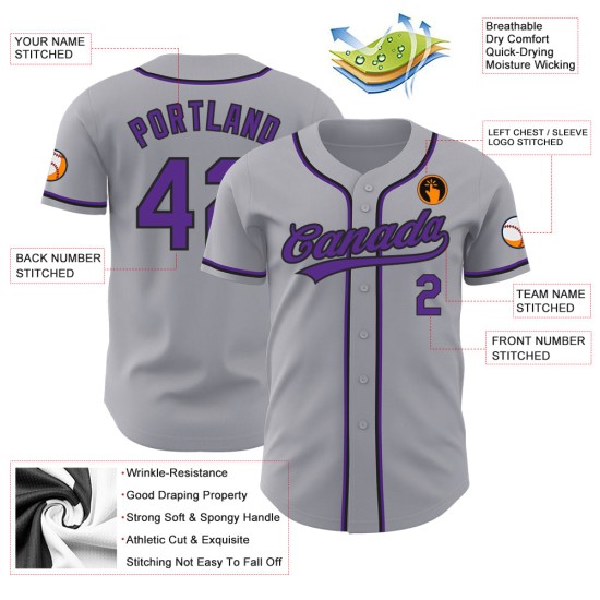 Lila-Schwarzes Jersey Custom Gray Baseball Authentic