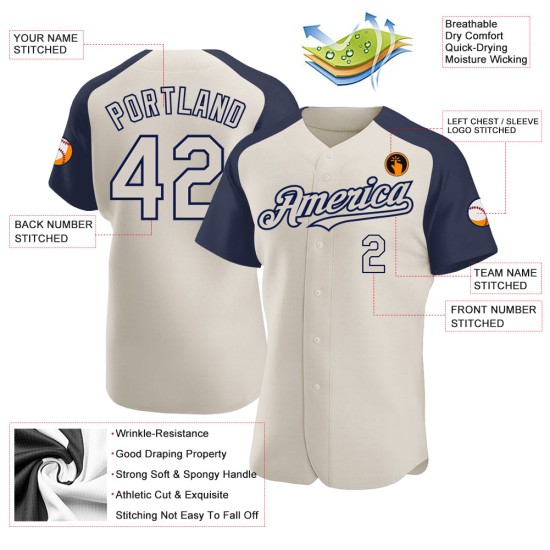 Navy Jersey Baseball Custom Creme Raglan Ärmel Authentisch Navy Jersey Baseball Custom Creme Raglan Ärmel Authentisch