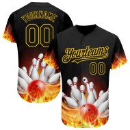 Benutzerdefinierte Schwarz Gold 3D Muster Design Flamme Bowling Authentische Baseball Jersey