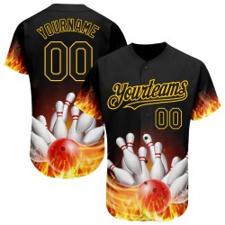 Benutzerdefinierte Schwarz Gold 3D Muster Design Flamme Bowling Authentische Baseball Jersey