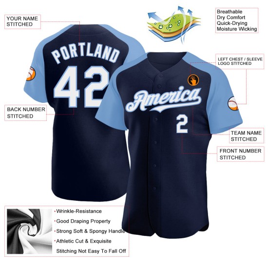 Ärmel Baseball Raglan Custom Weiß-Licht Authentisches Marineblaues Trikot Ärmel Baseball Raglan Custom Weiß-Licht Authentisches Marineblaues Trikot