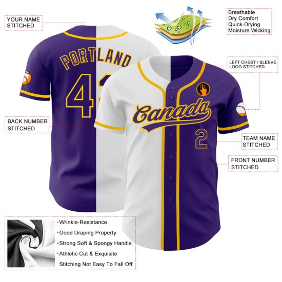 Authentische Split Lila Lila Weiß-Gold Jersey Mode Custom Baseball Authentische Split Lila Lila Weiß-Gold Jersey Mode Custom Baseball