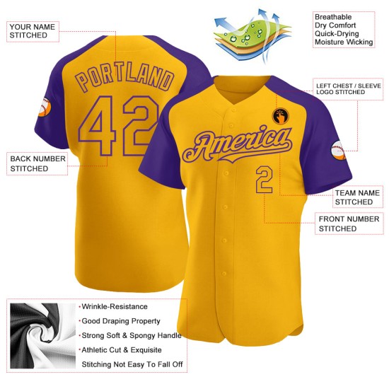 Raglan-Ärmel Lila Jersey Custom Authentic Gold Baseball Raglan-Ärmel Lila Jersey Custom Authentic Gold Baseball