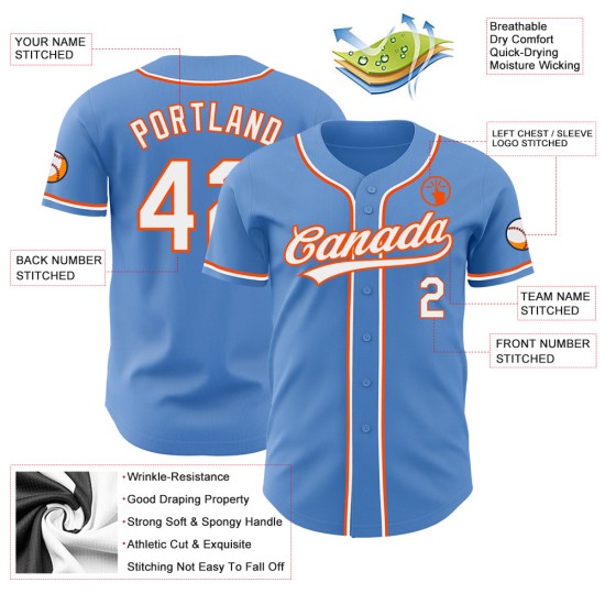 Custom Jersey Puderblau Weiß-Orange Baseball Authentic