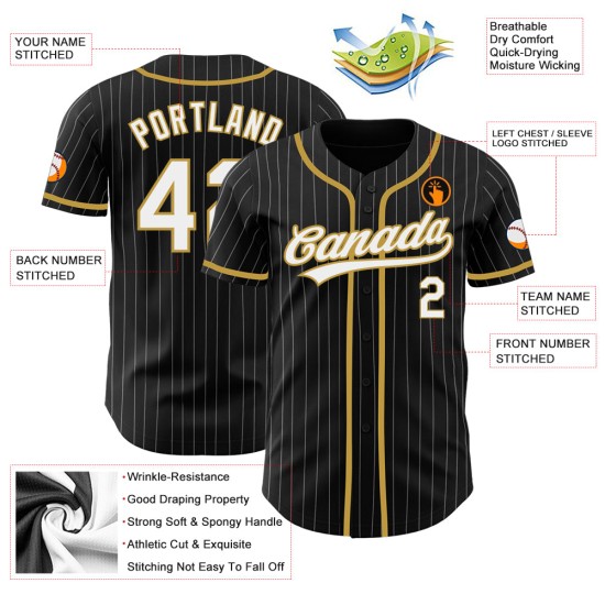 Schwarzes Nadelstreifen-Baseballtrikot in Weiß-Altweißgold