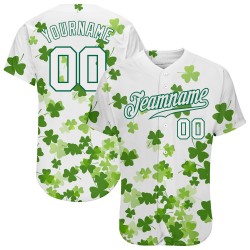 Benutzerdefiniertes weißes, weiß-kellygrünes 3D-Musterdesign, authentisches St. Patrick's Day Baseball-Trikot